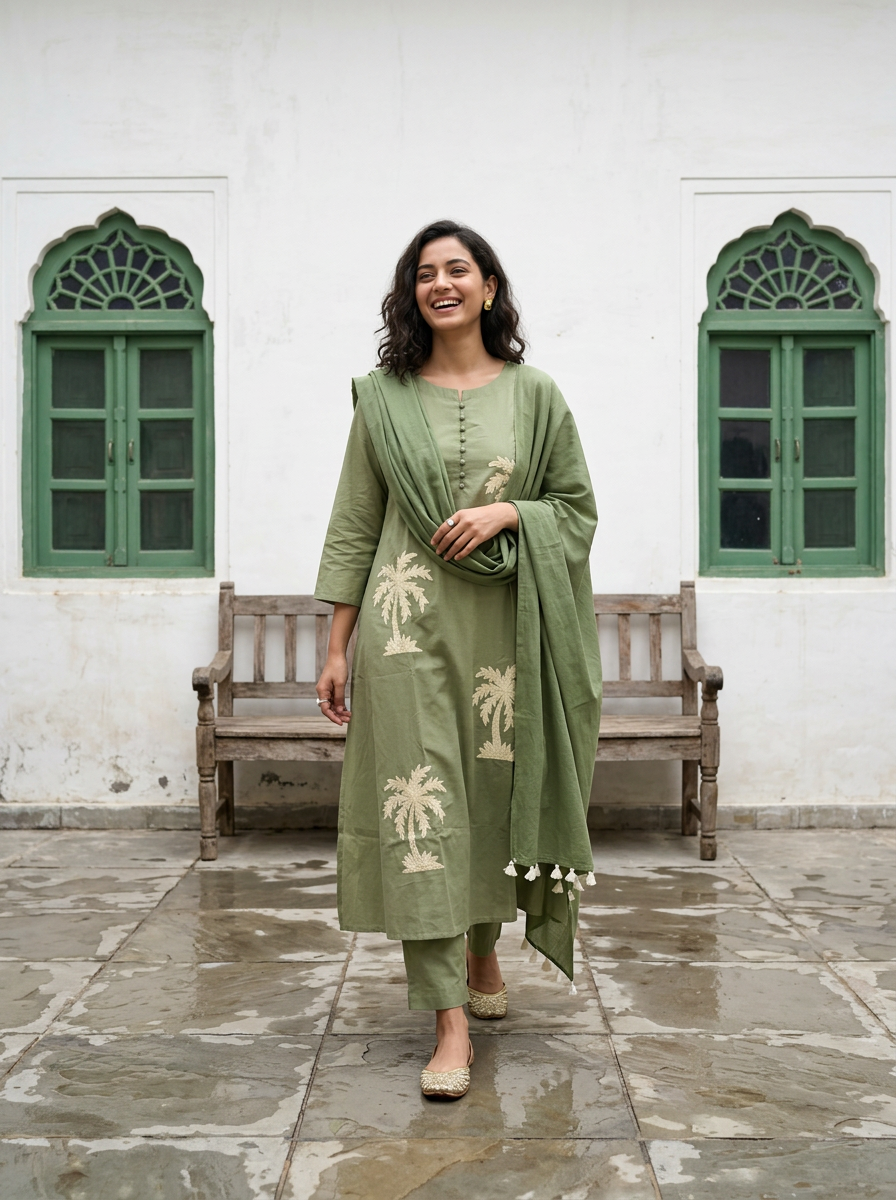 A-Line Cotton Kurta Set with Palm Motif Embroidery