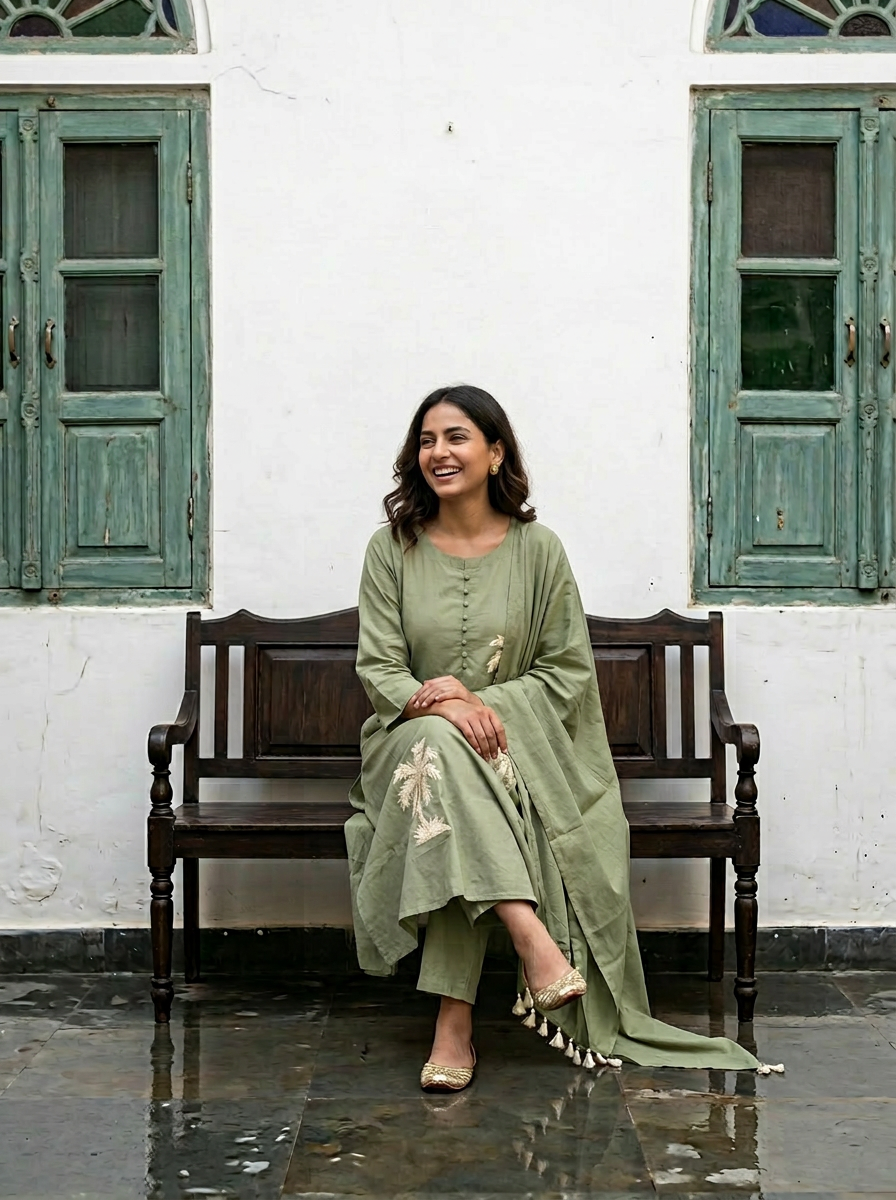 A-Line Cotton Kurta Set with Palm Motif Embroidery