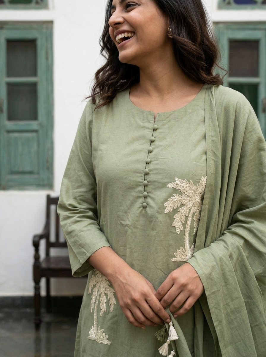 A-Line Cotton Kurta Set with Palm Motif Embroidery