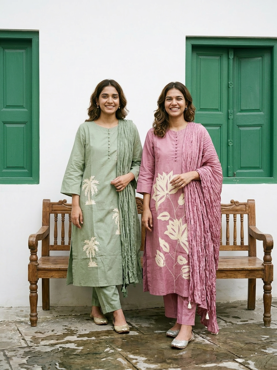 A-Line Cotton Kurta Set with Palm Motif Embroidery (Pink)