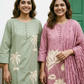 A-Line Cotton Kurta Set with Palm Motif Embroidery (Pink)
