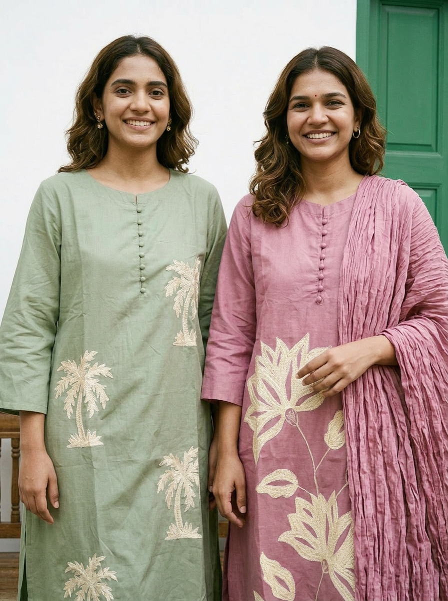 A-Line Cotton Kurta Set with Palm Motif Embroidery (Pink)