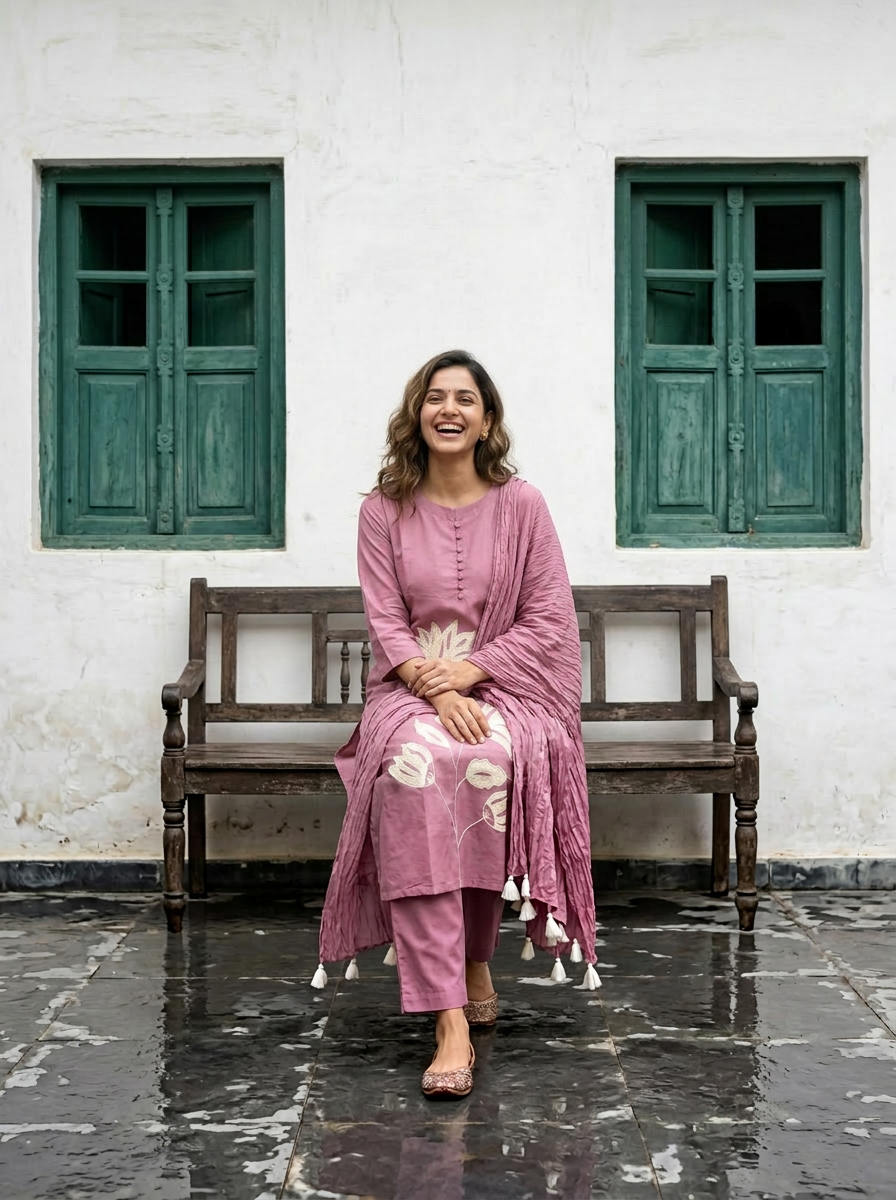 A-Line Cotton Kurta Set with Palm Motif Embroidery (Pink)