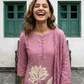 A-Line Cotton Kurta Set with Palm Motif Embroidery (Pink)