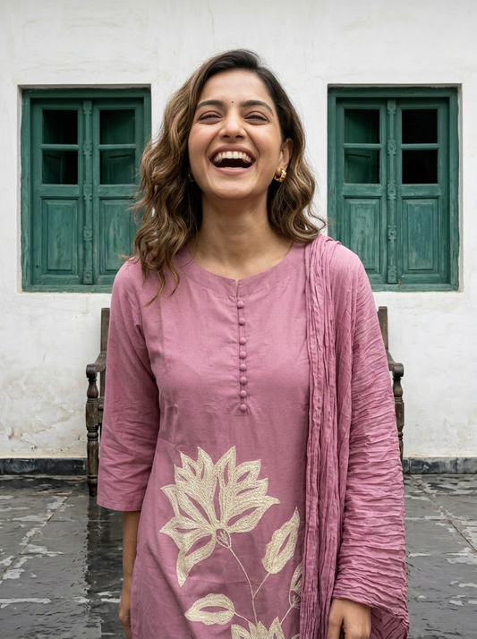 A-Line Cotton Kurta Set with Palm Motif Embroidery (Pink)