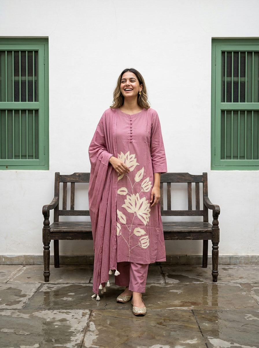 A-Line Cotton Kurta Set with Palm Motif Embroidery (Pink)