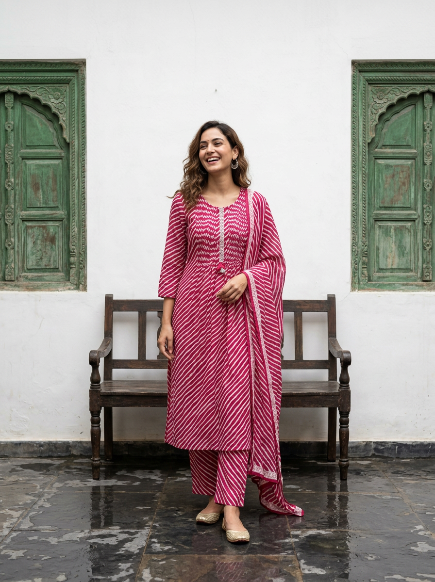 Pink Lehriya Cotton A Line Kurta Set
