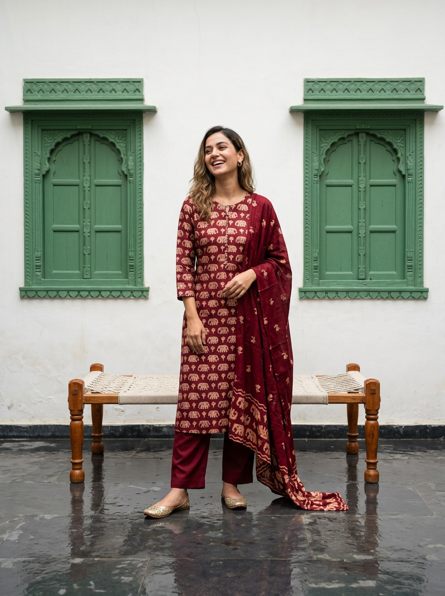 Blue/Red Elephant Print Cotton Kurta Set
