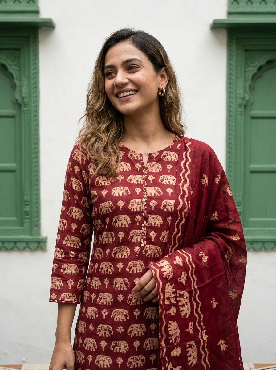 Blue/Red Elephant Print Cotton Kurta Set
