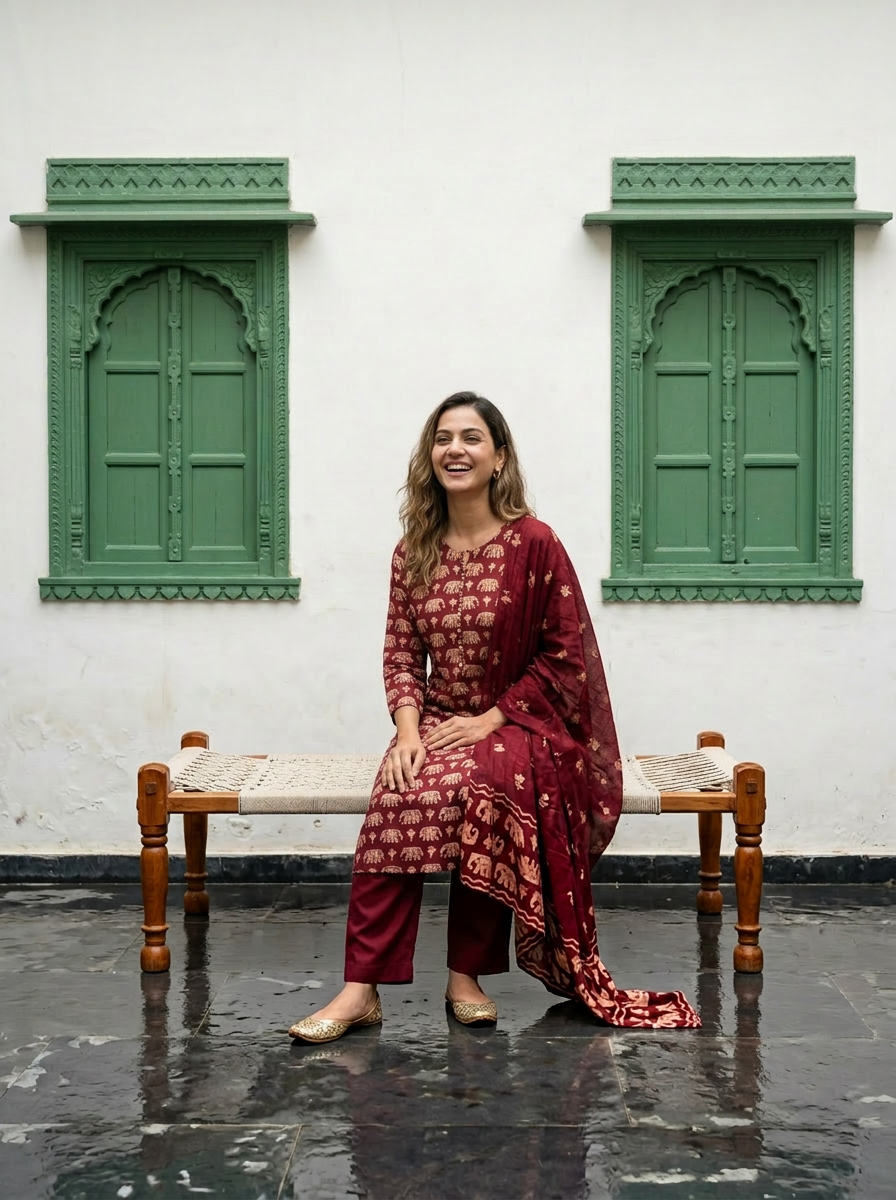 Blue/Red Elephant Print Cotton Kurta Set