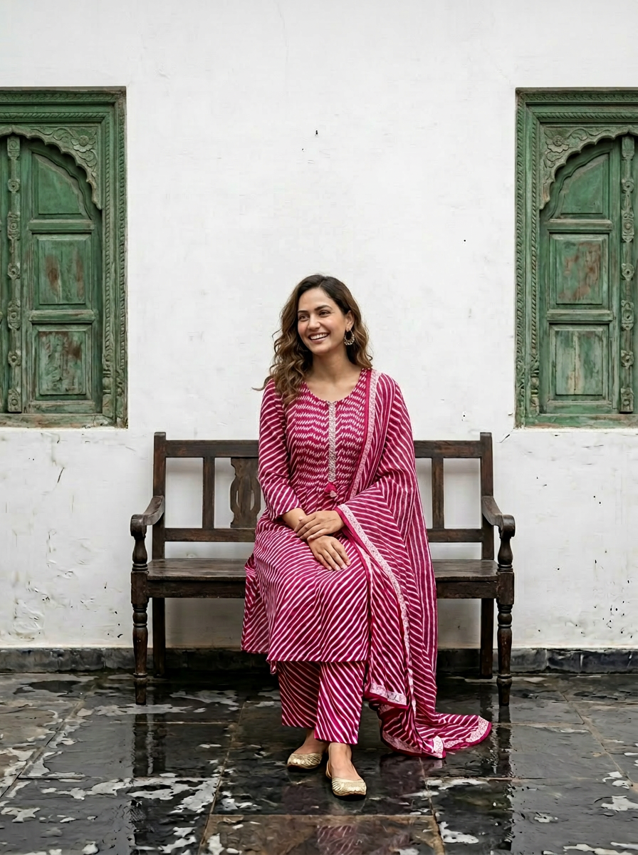 Pink Lehriya Cotton A Line Kurta Set