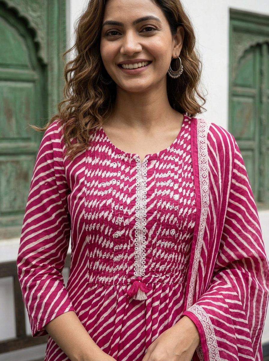 Pink Lehriya Cotton A Line Kurta Set