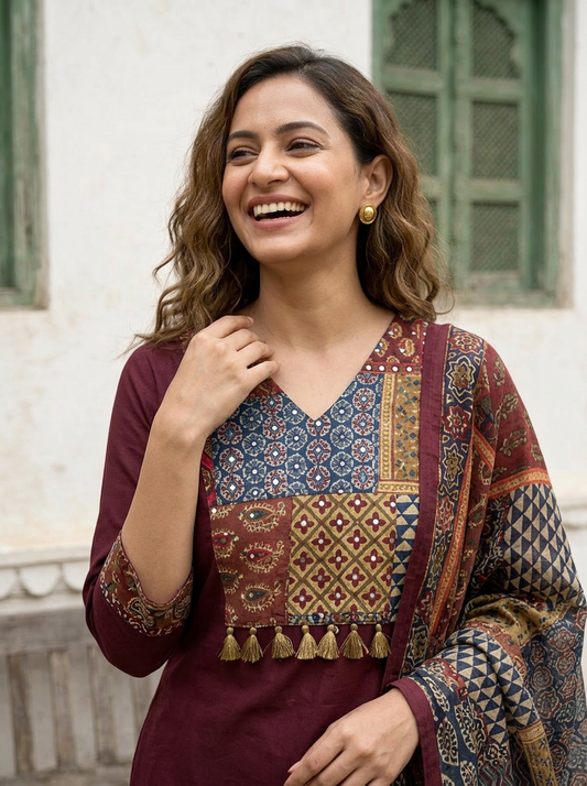 Maroon Cotton Ajrak Kurta Set