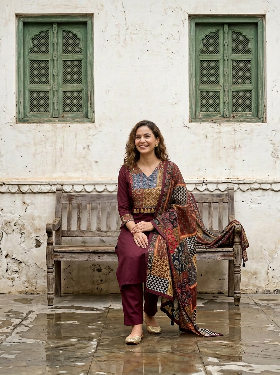 Maroon Cotton Ajrak Kurta Set