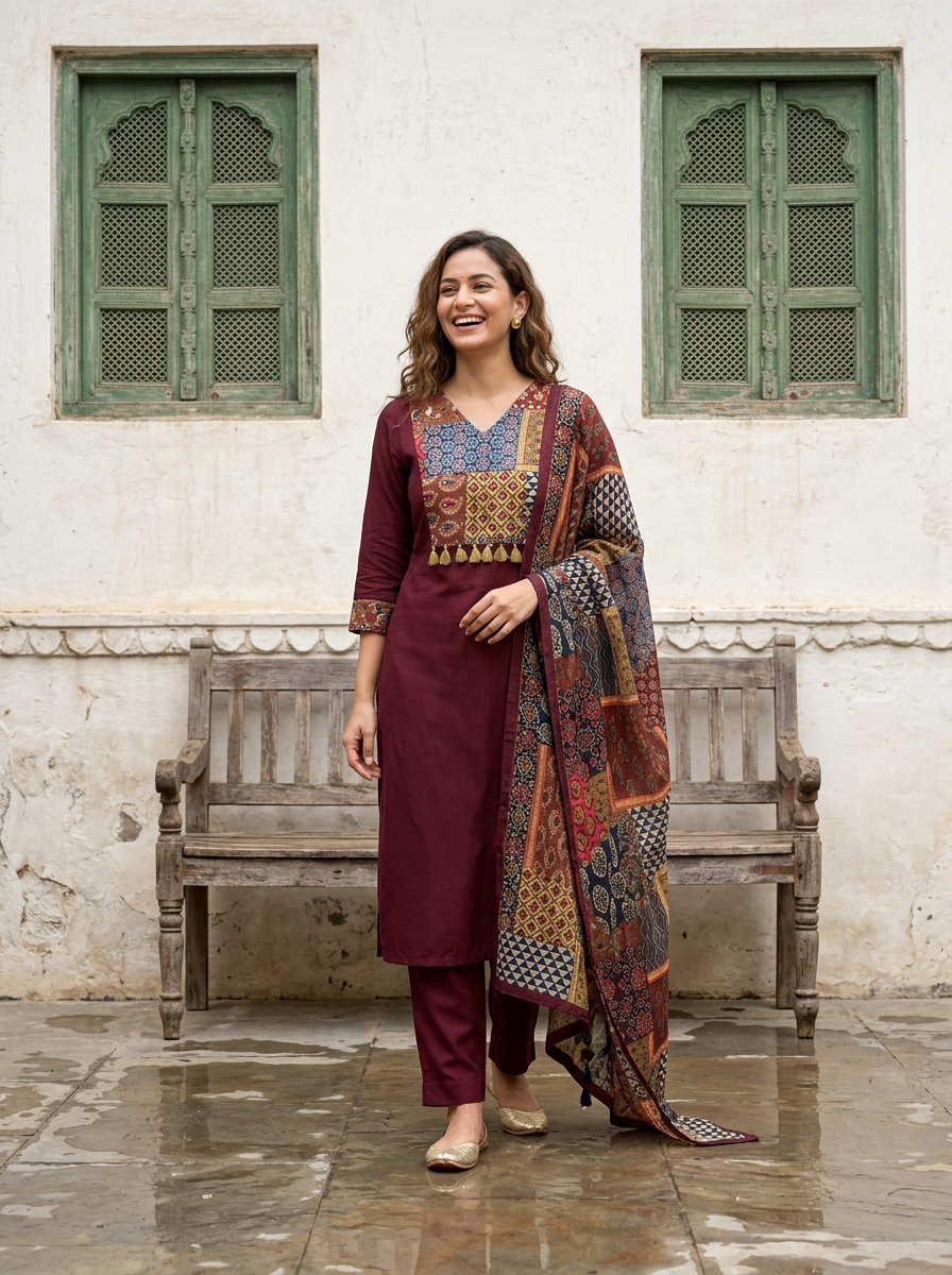 Maroon Cotton Ajrak Kurta Set