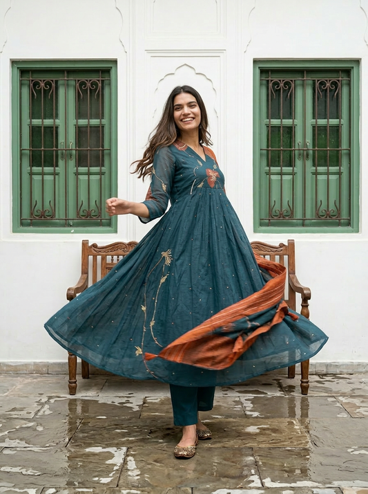 A-Line Cotton Kurta Set with Floral Embroidery