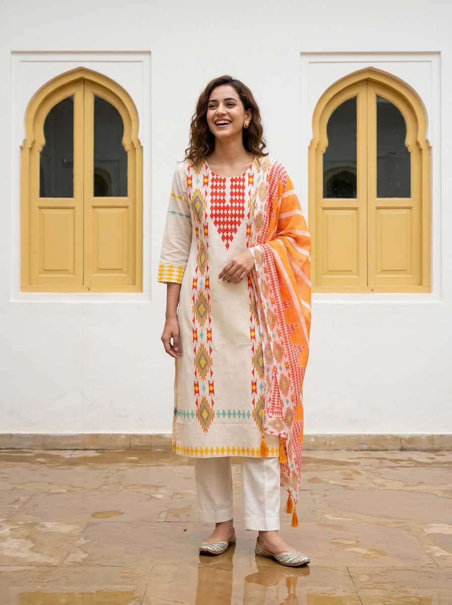 Mul Cotton Printed & Embroidered Kurta Set (Orange)