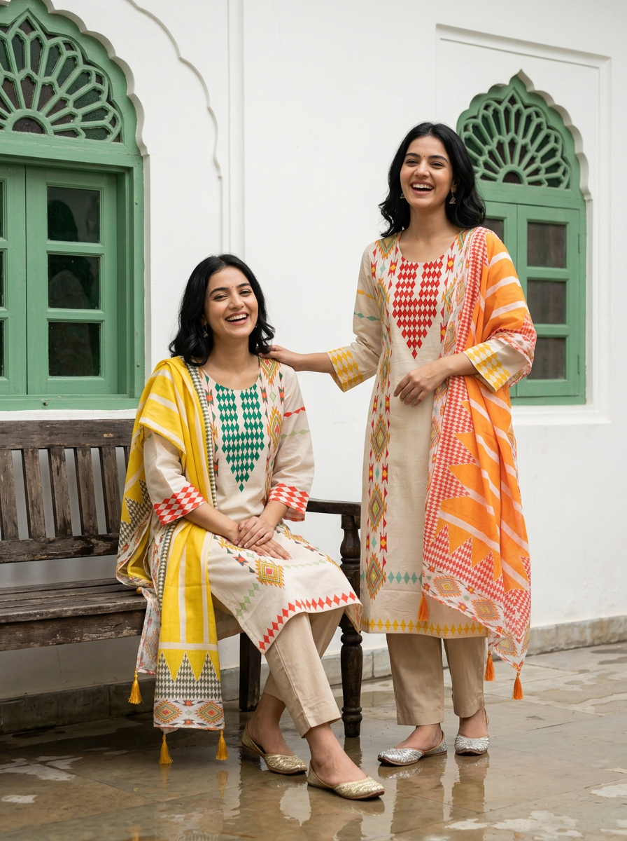 Mul Cotton Printed & Embroidered Kurta Set (Orange)