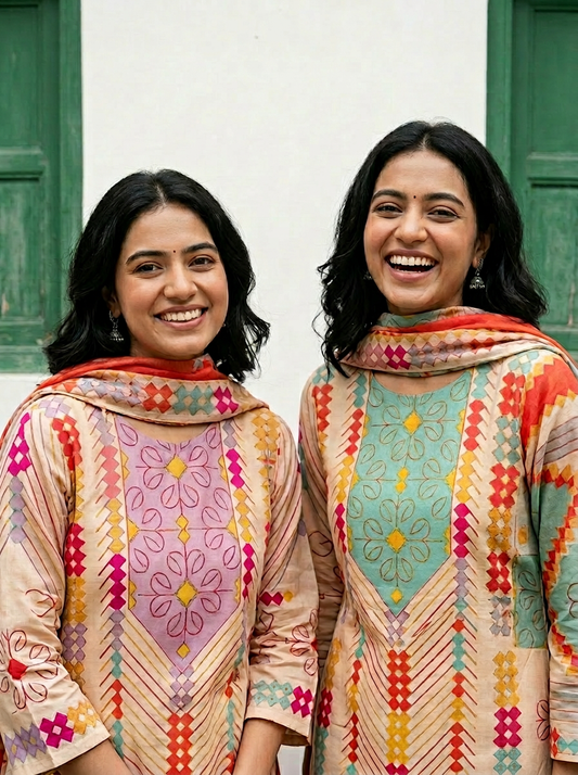 Mul Cotton Printed &amp; Embroidered Kurta Set (Purple)