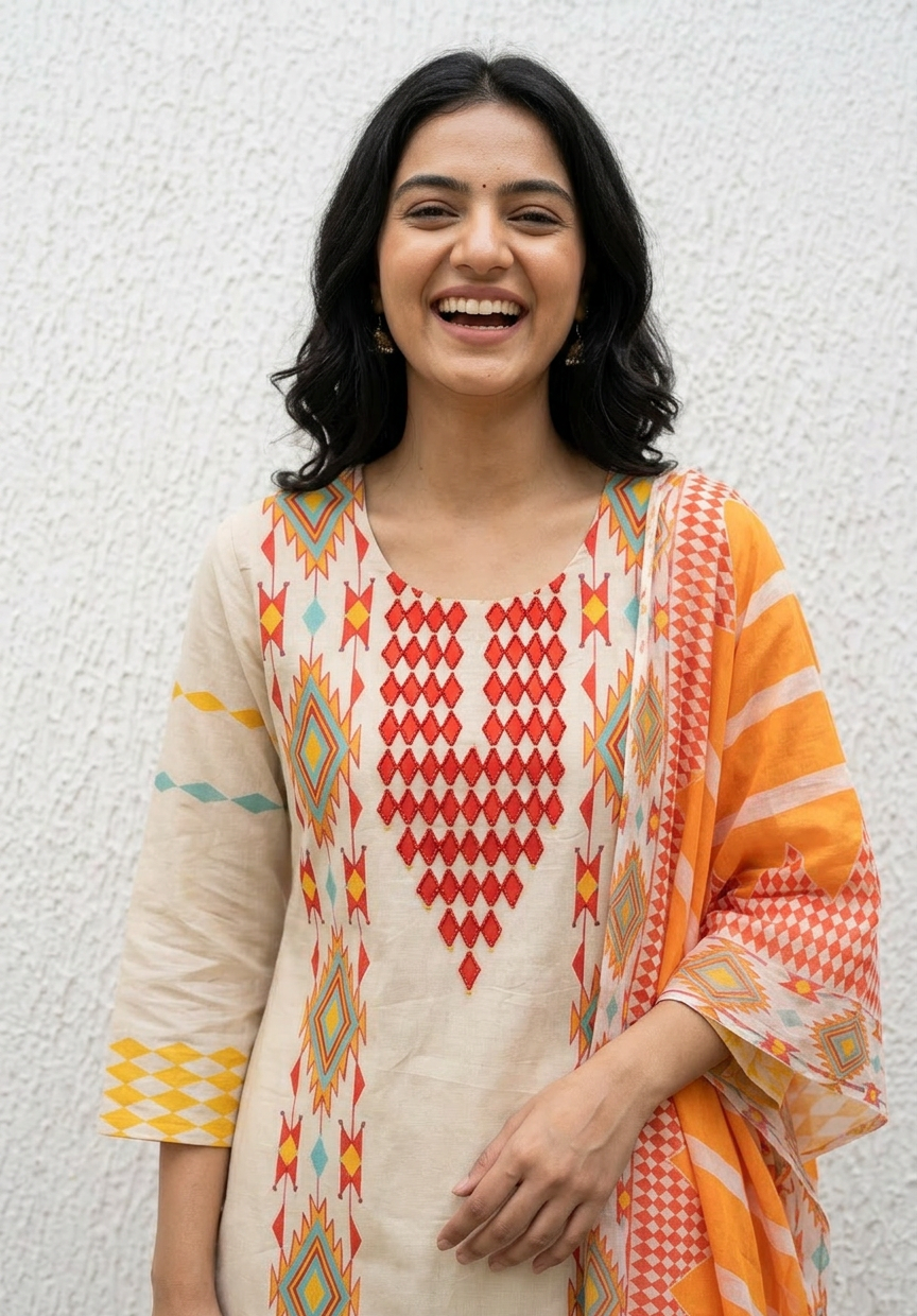 Mul Cotton Printed & Embroidered Kurta Set (Orange)