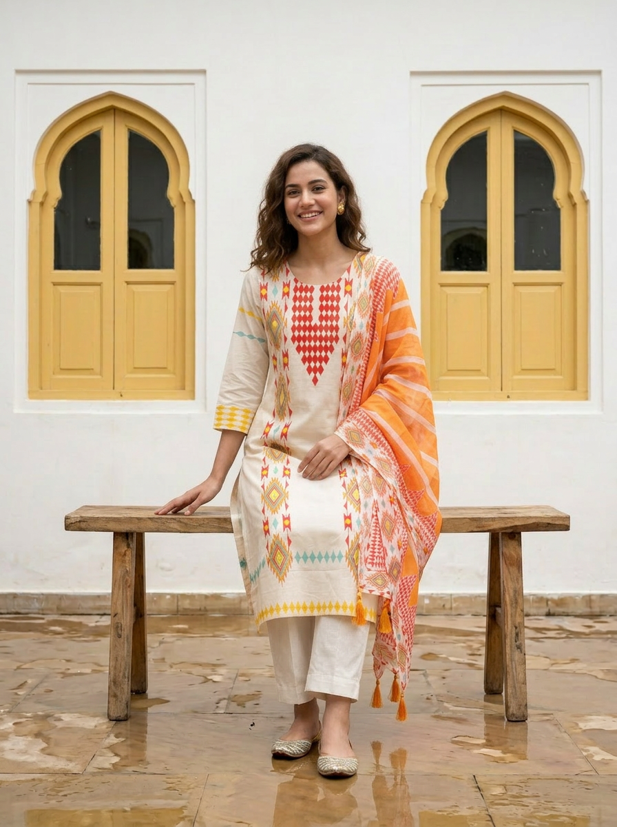 Mul Cotton Printed & Embroidered Kurta Set (Orange)
