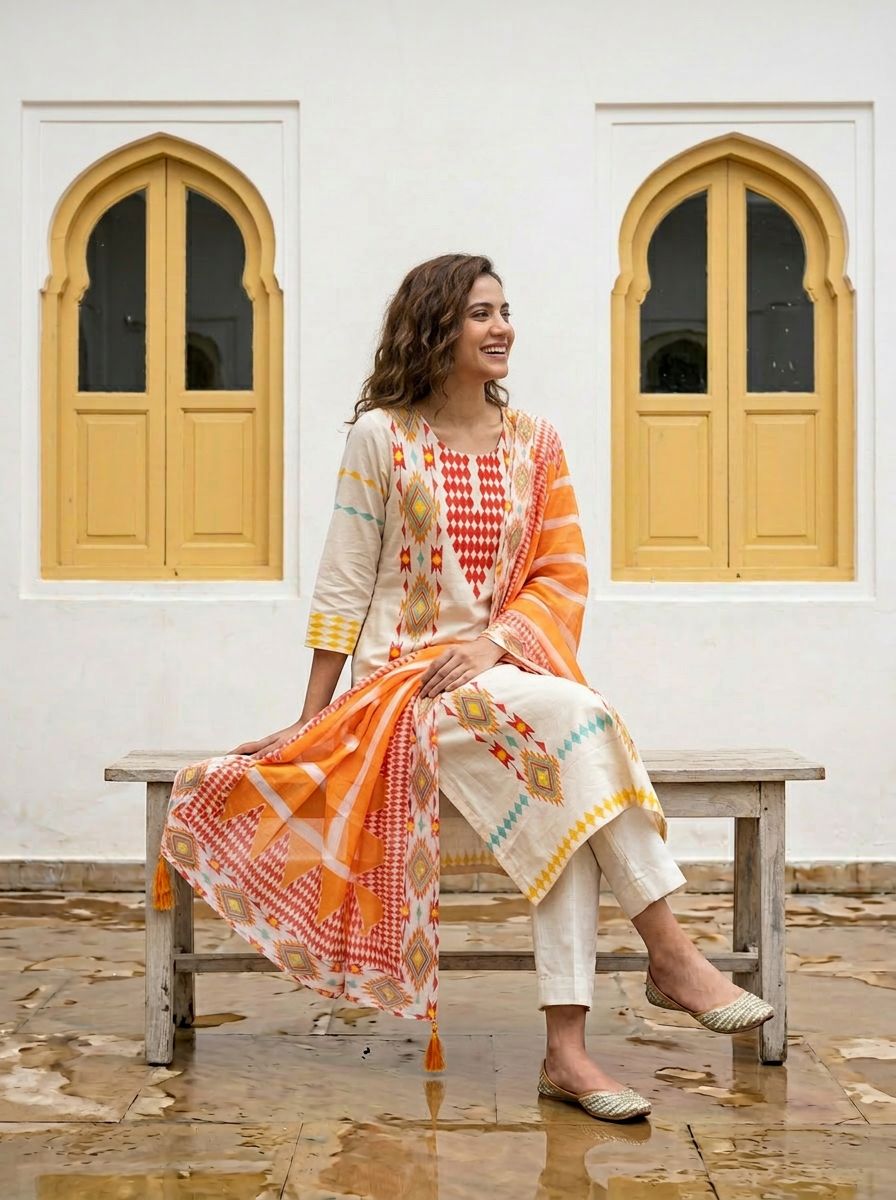 Mul Cotton Printed & Embroidered Kurta Set (Orange)