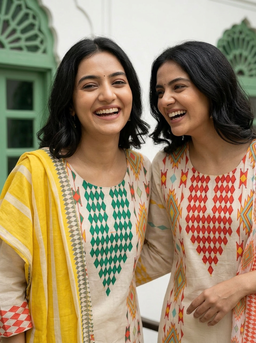 Mul Cotton Printed & Embroidered Kurta Set (Orange)