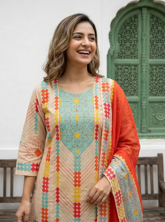 Mul Cotton Printed & Embroidered Kurta Set (Green)