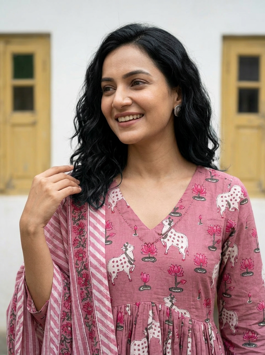 Cotton Pichwai Block Printed Anarkali Kurta with Cotton Dupatta.