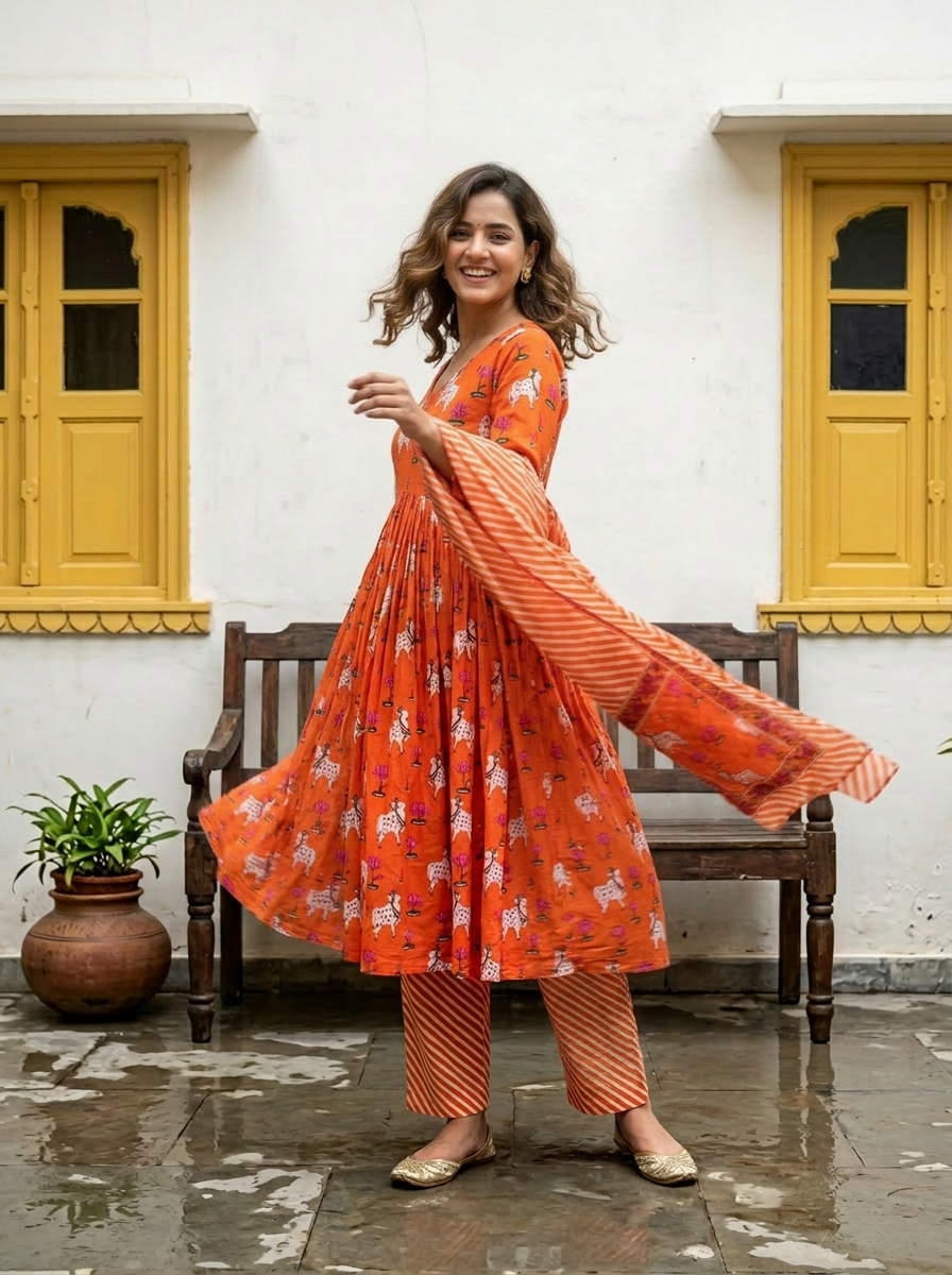 Cotton Pichwai Block Printed Anarkali Set (Festive Orange)