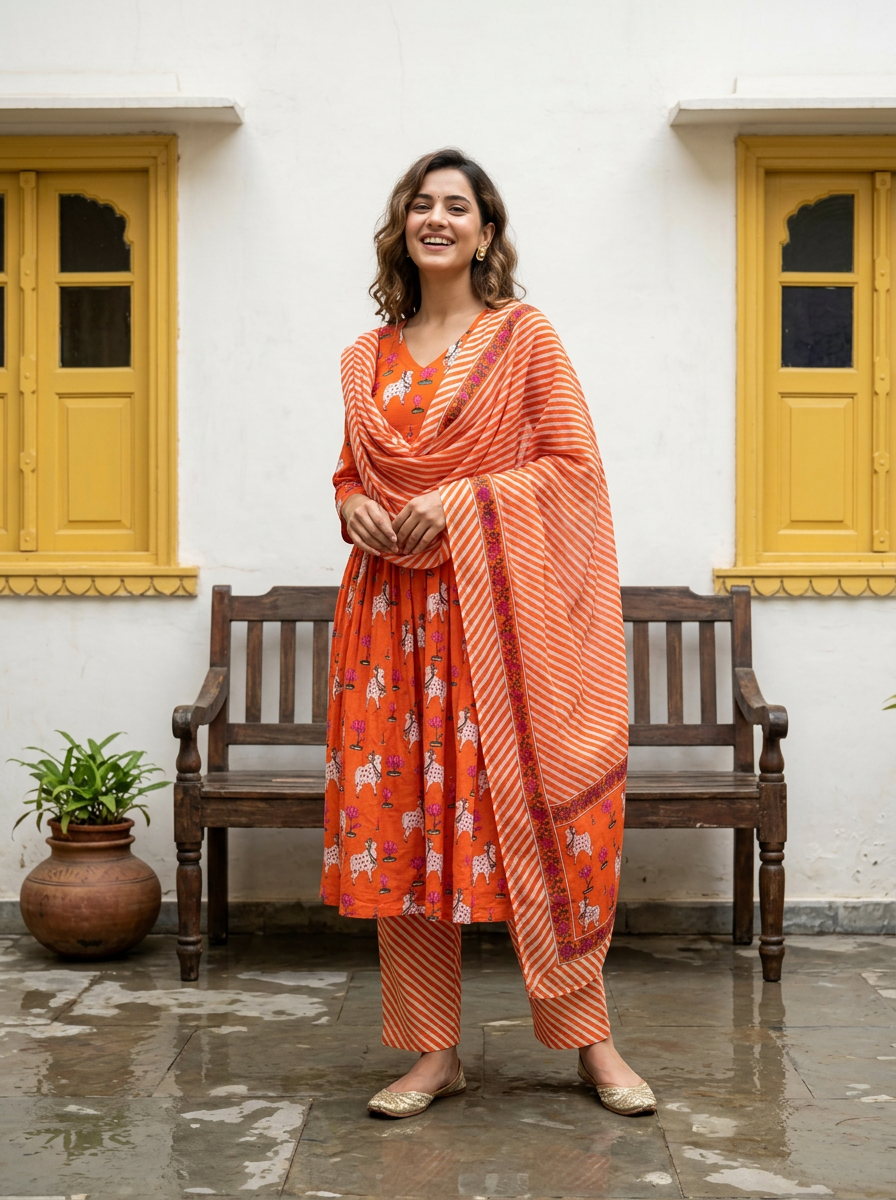 Cotton Pichwai Block Printed Anarkali Set (Festive Orange)