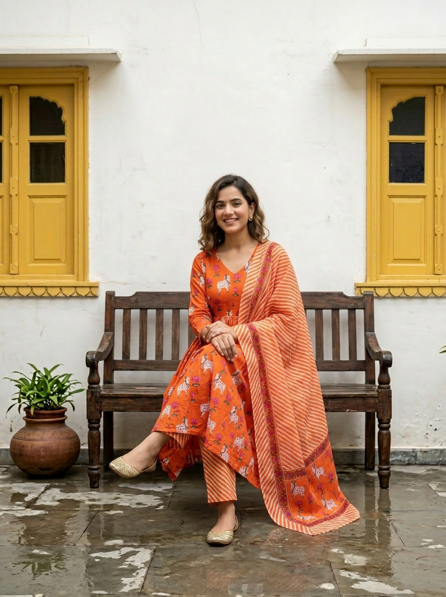 Cotton Pichwai Block Printed Anarkali Set (Festive Orange)