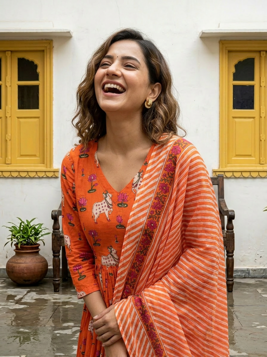 Cotton Pichwai Block Printed Anarkali Set (Festive Orange)