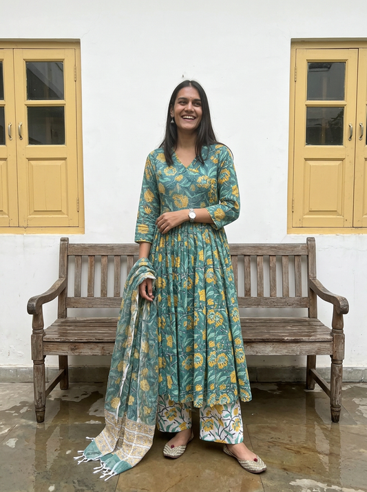 Floral Green Handblock Printed Cotton Anarkali