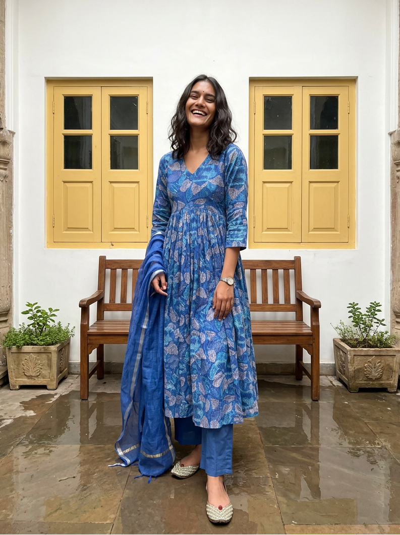 Blue Handblock Printed Cotton Anarkali