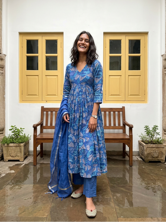 Blue Handblock Printed Cotton Anarkali
