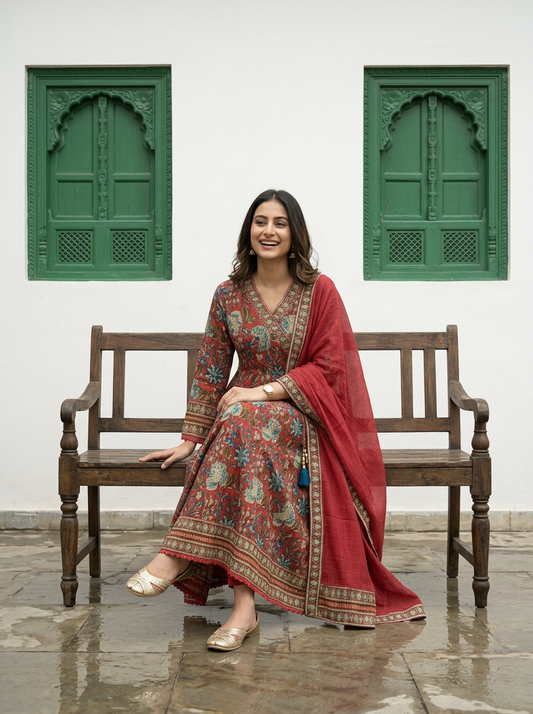 Angrakha Pattern Cotton Anarkali with Kota Doriya Dupatta