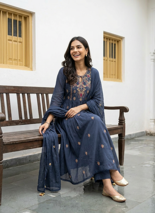 Mul Cotton Embroidered Anarkali Set