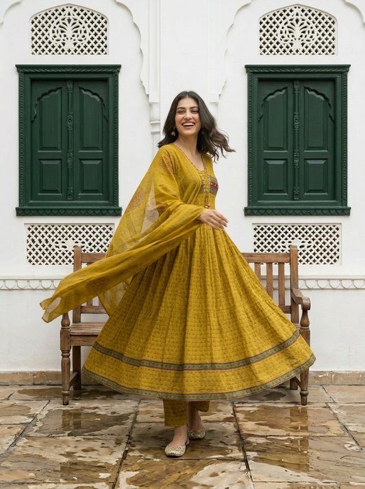 Mustard Cotton Anarkali Set