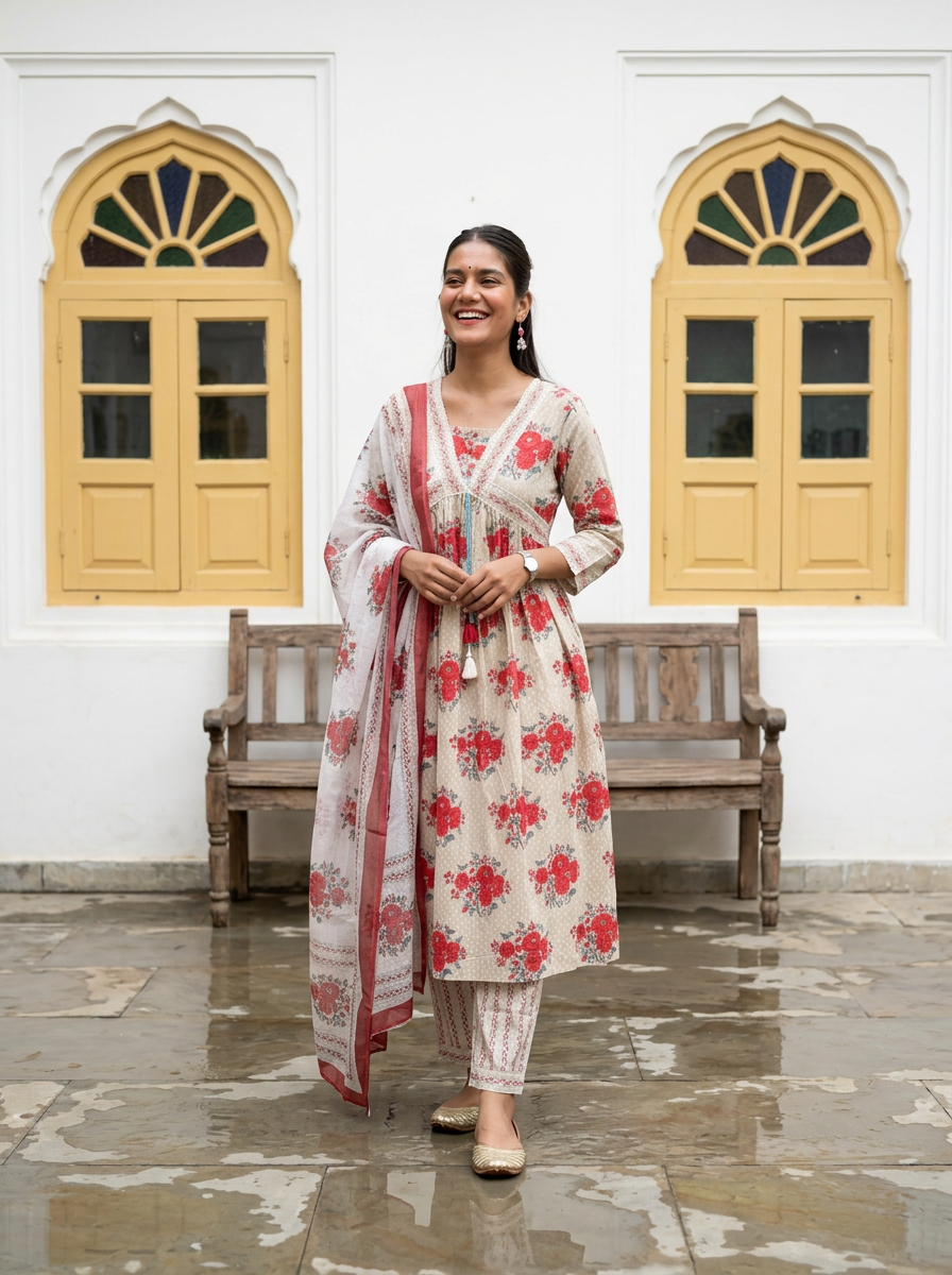 Floral Print Cotton Anarkali Suit Set