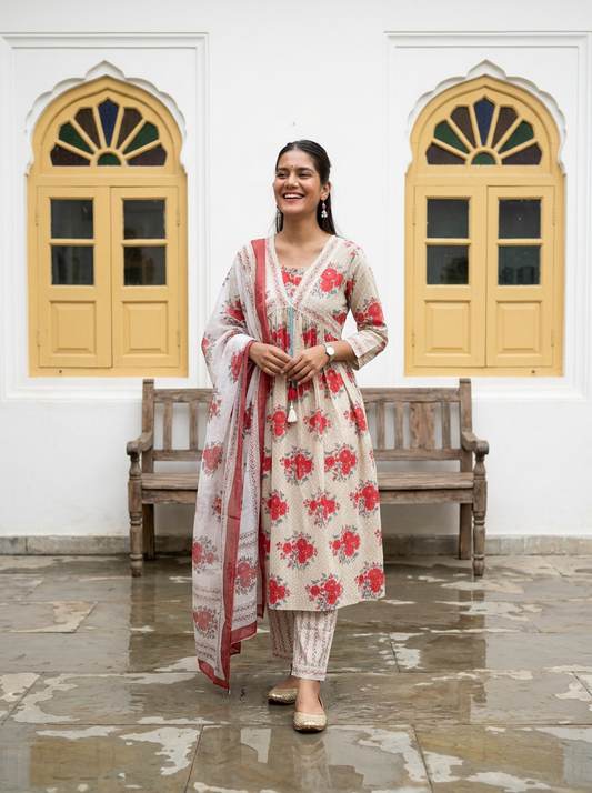 Floral Print Cotton Anarkali Suit Set