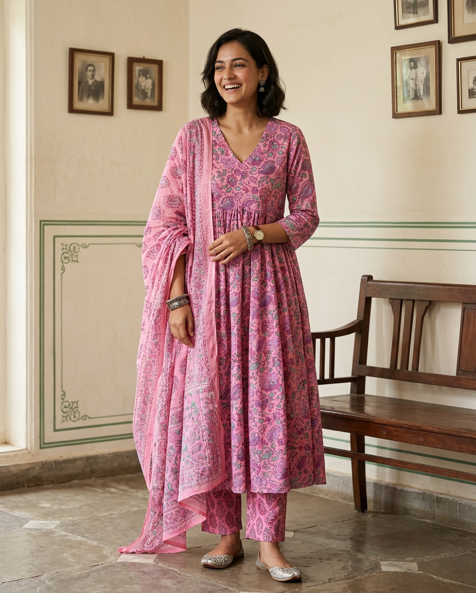Pink Floral Alia Cut Anarkali Suit Set