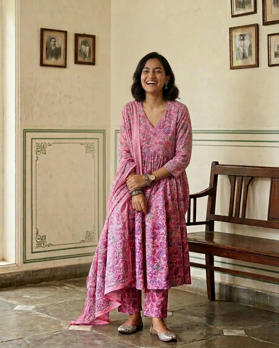Pink Floral Alia Cut Anarkali Suit Set