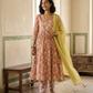 Yellow Floral Print Pure Hand-block Anarkali Suit Set