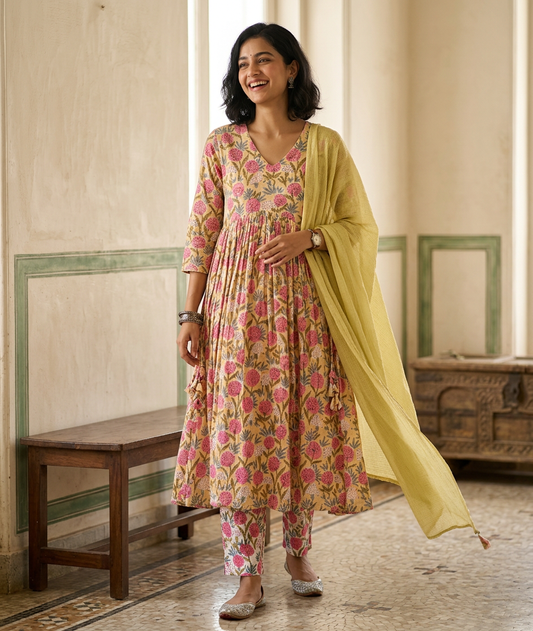 Yellow Floral Print Pure Hand-block Anarkali Suit Set