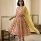 Yellow Floral Print Pure Hand-block Anarkali Suit Set