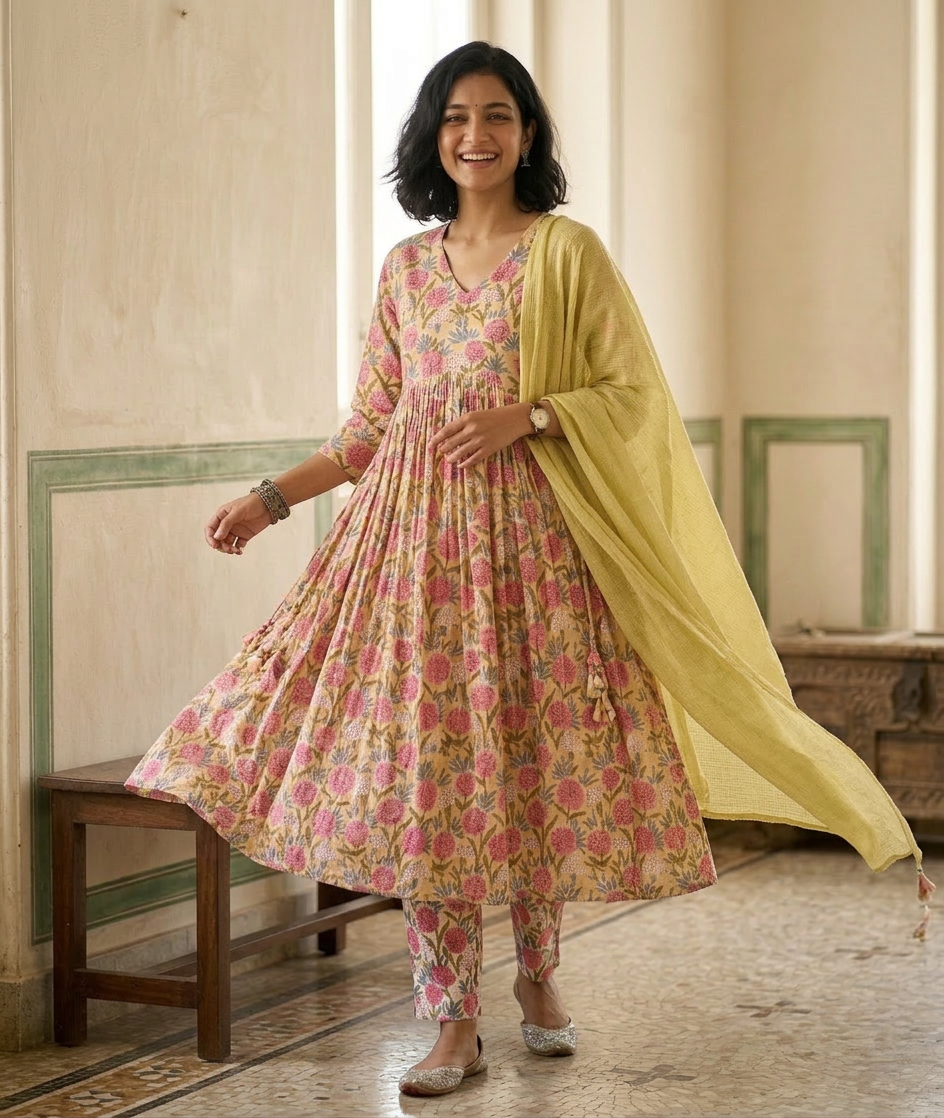 Yellow Floral Print Pure Hand-block Anarkali Suit Set