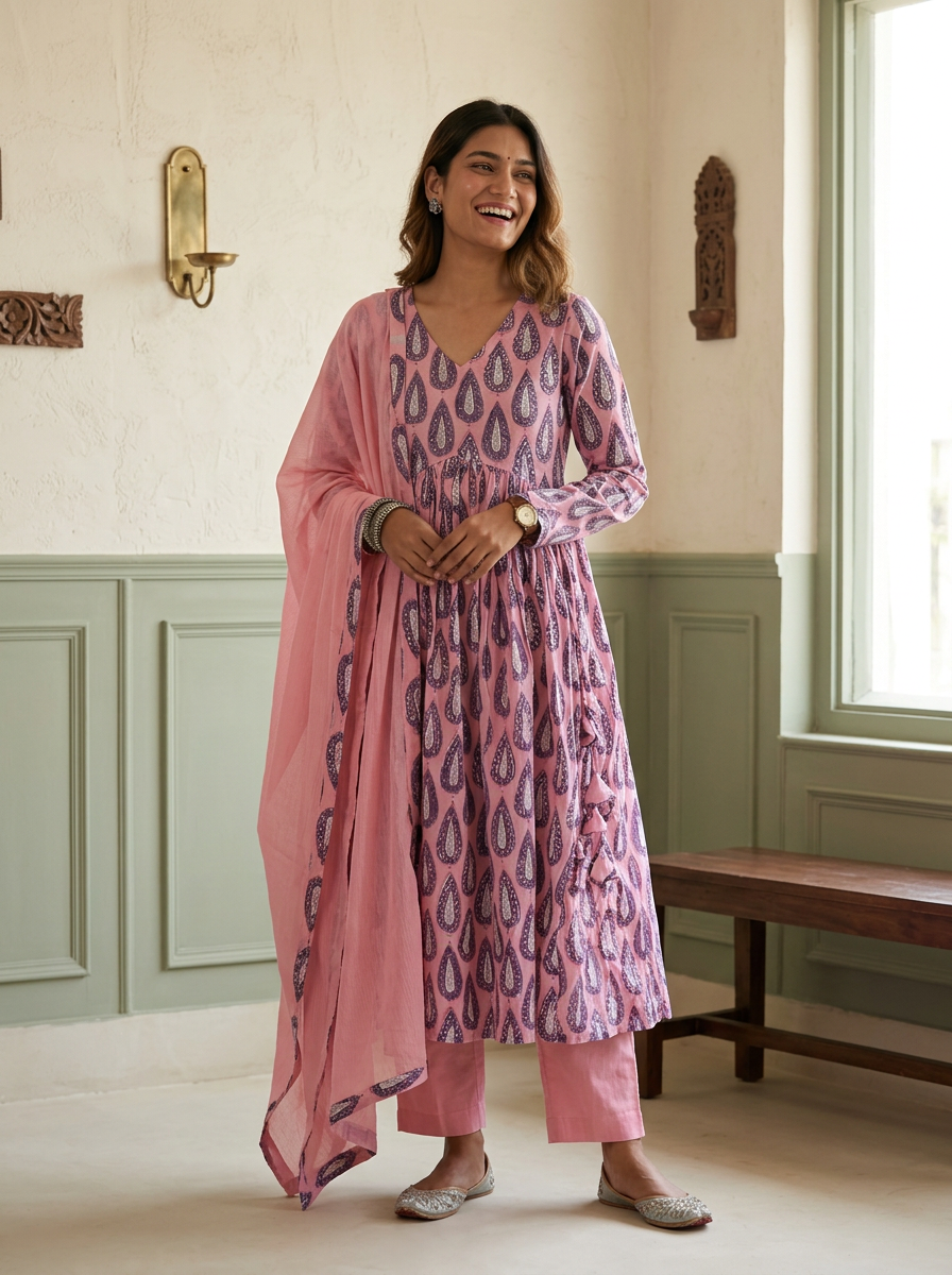 Pink Butta Print Pure Hand-block Anarkali Suit Set