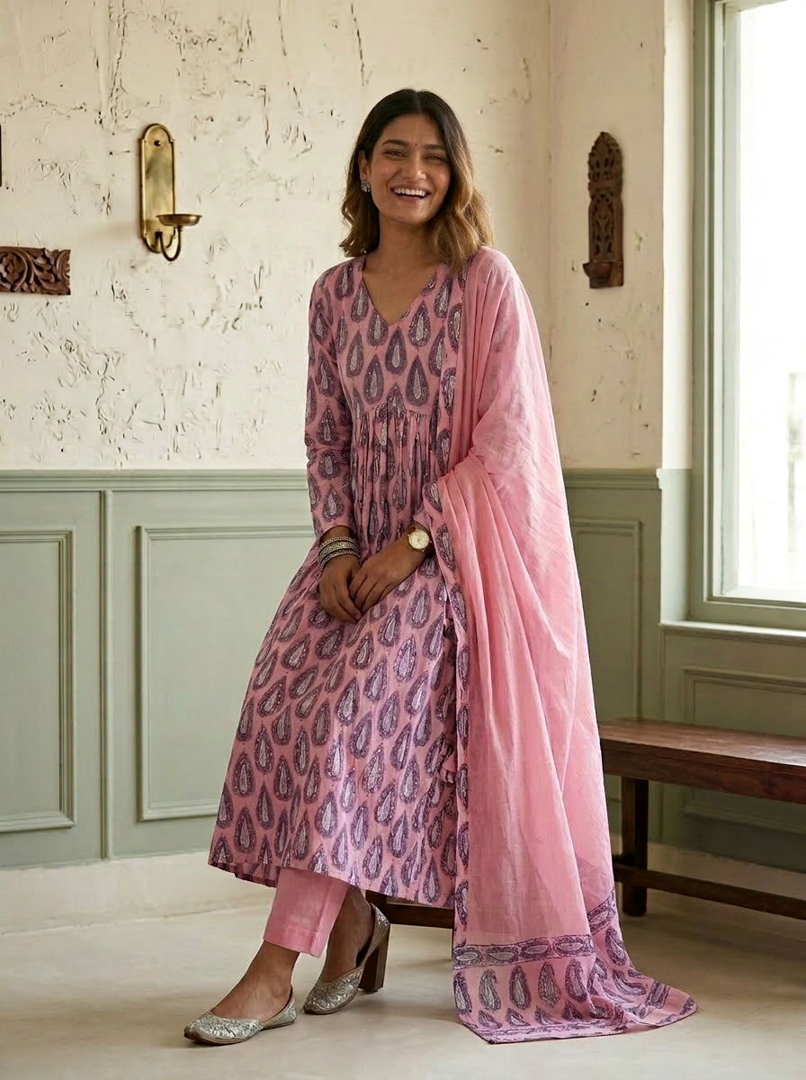Pink Butta Print Pure Hand-block Anarkali Suit Set