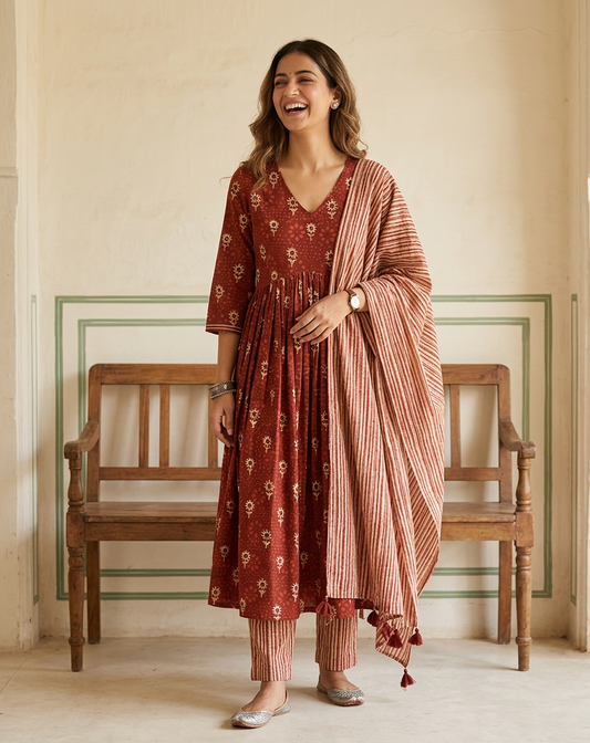 Red Dabu Cotton Anarkali Suit Set